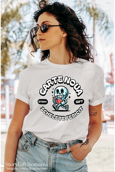 StoryGift Romania Tricou Femei CARTE NOUA SCHELETE FERICIT CITIT IUBITORII LECTURA cu imprimeu pe WHT_S