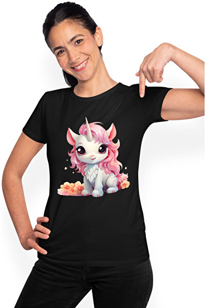 StoryGift Romania Tricou Femei cu un unicorn micut, ilustratie, floricele gal...