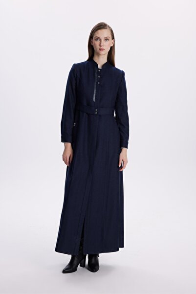 Zühre Judge Collar Leather Detailed Navy Blue Overcoat 13574