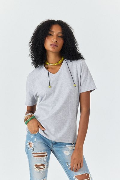 Soho Mood Women's V-Neck 100% Cotton Gray Basic T-Shirt