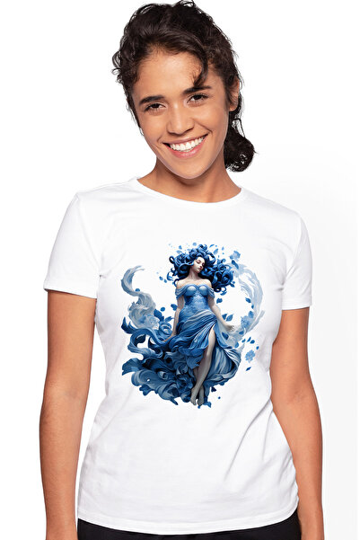 StoryGift Romania Tricou Femei cu o femeie cu par albastru, ilustratie, rochi...