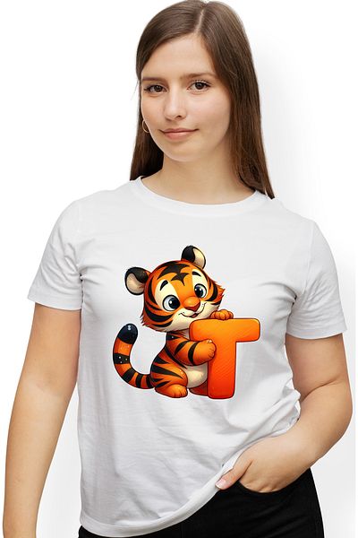StoryGift Romania Women's T-shirt with a tiger with the letter "T", illustration, for children, school, student, WHT_XS