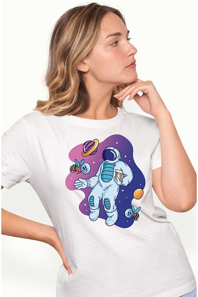StoryGift Romania Tricou Femei Astronaut Albina In Spatiu cu imprimeu pe Fata, 100% Bumbac, Alb, X WHT_XS