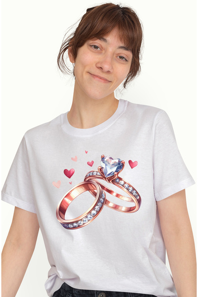 StoryGift Romania Tricou Femei cu 2 inele cu diamante, ilustratie, inimioare, logodna, iubire, dra WHT_XS