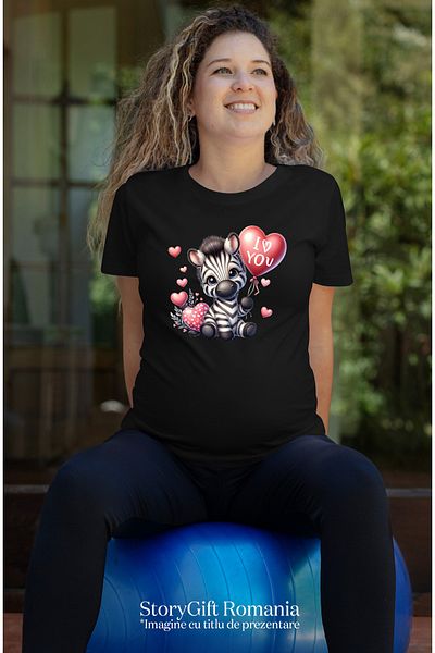 StoryGift Romania Women's T-shirt with baby zebra holding a balloon with the message "I love you", hearts, BLK_M