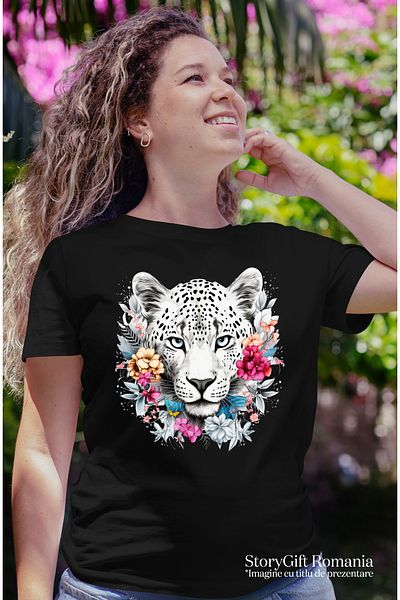 StoryGift Romania Women's T-shirt with a white tiger, illustration, abstract, endangered, flowers BLK_L,STG