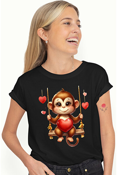 StoryGift Romania Tricou Femei cu o maimutica, inimioare, joaca, se da in lea...