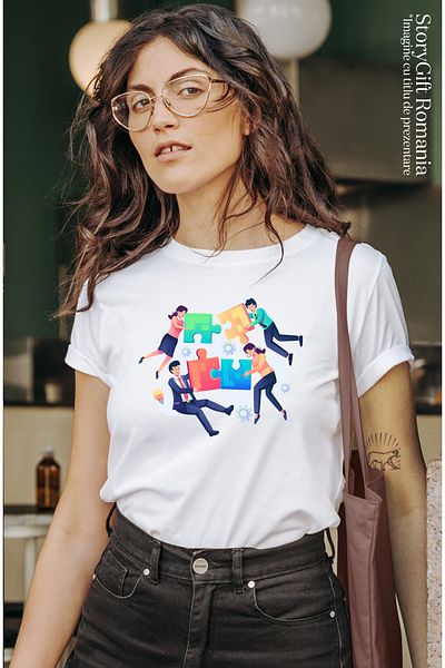 StoryGift Romania Tricou Femei Cu Puzzle, Piese, Business, Multicolor cu imprimeu pe Fata, 100% B WHT_L