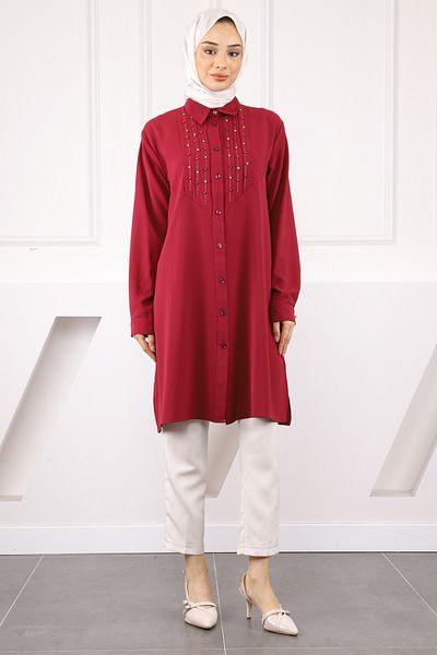 İmajButik Burgundy Front Stone Detailed Linda Tunic