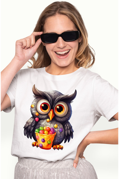 StoryGift Romania Tricou Femei cu o bufnita vesela, ilustratie, ochi mari, bo...