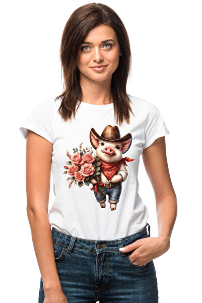 StoryGift Romania Tricou Femei cu un purcelus cowboy care tine un buchet cu t...