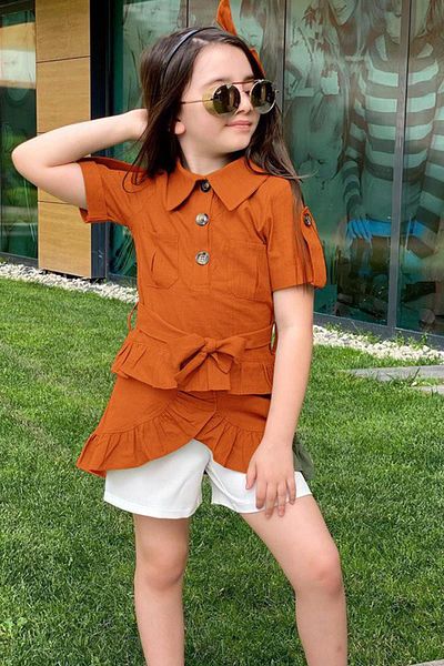 Riccotarz Girl's Waist Tied Button Detailed Tile Tunic with Ruffled Skirt