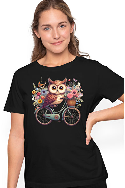 StoryGift Romania Tricou Femei cu o bufnita care se plimba cu bicicleta, ilus...