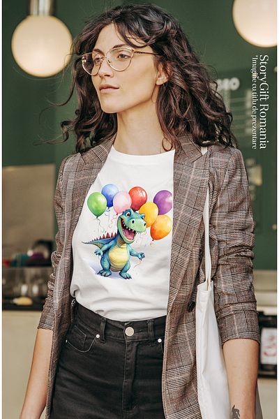 StoryGift Romania Tricou Femei Cu Un Dinozaur Verde Fericit, Ilustratie, Veselie, Aniversare, Balo Wht_l