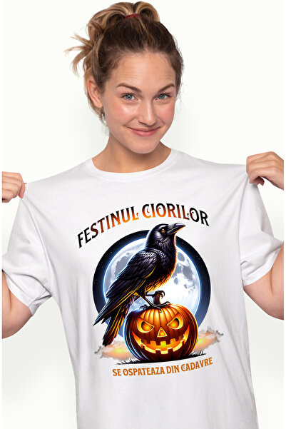 StoryGift Romania Tricou Femei festinul ciorilor se ospateaza din cadavre H4ALLowen cu imprimeu pe WHT_XL