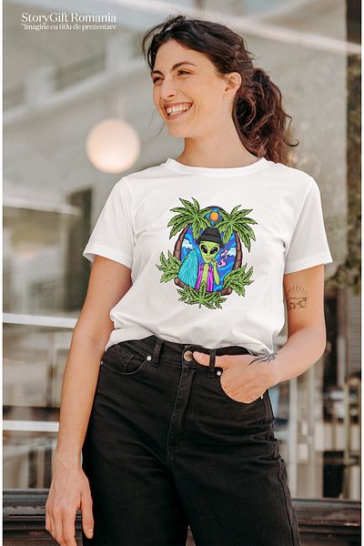 StoryGift Romania Tricou Femei Cu Extraterestru, Hippie, Palmieri, Surf, Soare, Placa De Surf, Cam WHT_L