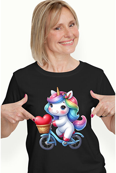 StoryGift Romania Tricou Femei cu un unicorn care se plimba cu bicicleta. ilustratie. cos cu inimi BLK_XL