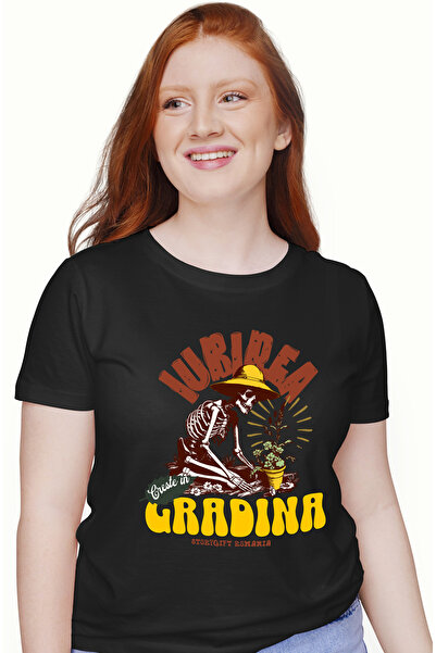 StoryGift Romania Tricou Femei Iubirea creste in gradina, schelete gradinar natura cu imprimeu pe BLK_XS