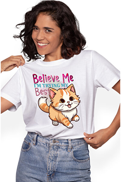 StoryGift Romania Tricou Femei cu pisicuta vesela cu mesajul "Believe me, I'm...