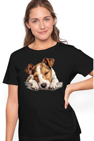 StoryGift Romania Women's T-shirt with a sleeping puppy, deep sleep, in the world of dreams, white, orange BLK_XS