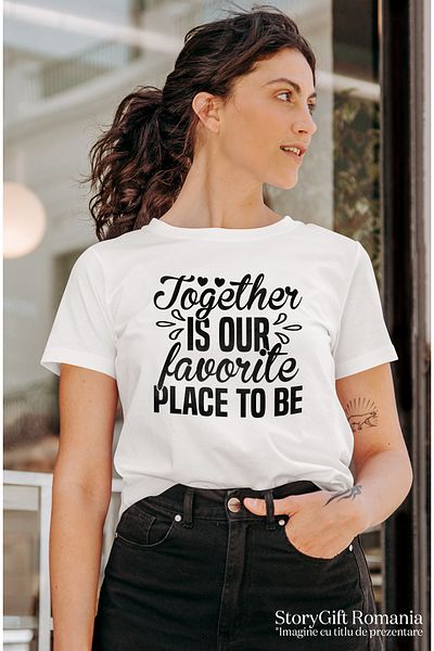 StoryGift Romania Women's T-shirt with hearts with the message "Together is our favorite place to be WHT_L