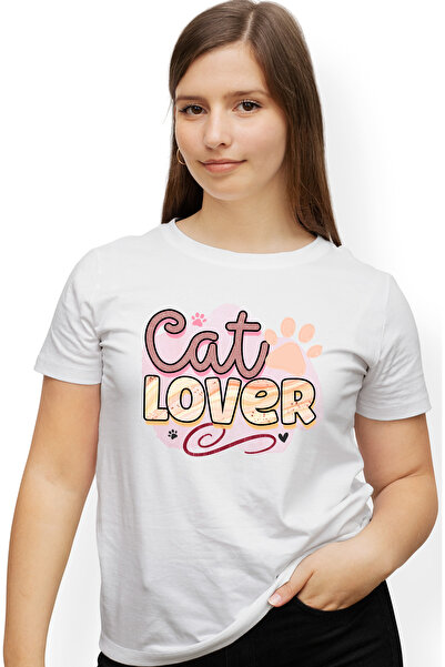 StoryGift Romania Tricou Femei cu mesajul "Cat lover", iubitor de pisici, ilustratie, labute, fund WHT_XL