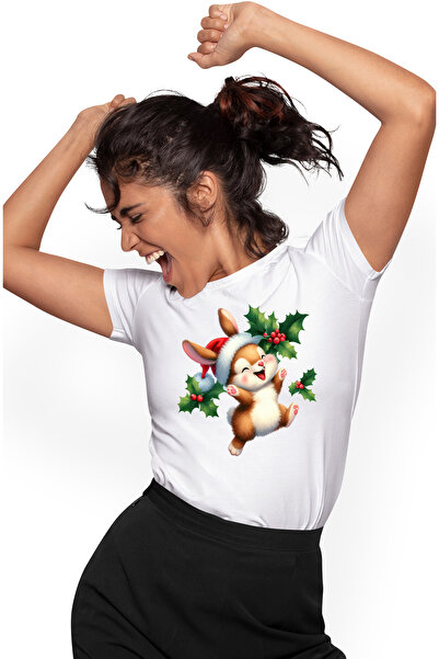 StoryGift Romania Tricou Femei cu un iepuras care salta de fericire, caciula de Craciun, vasc, pla WHT_L