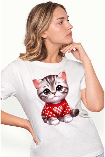 StoryGift Romania Tricou Femei cu o pisicuta care poarta o bluza cu inimioare...