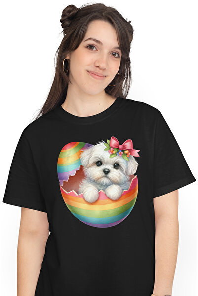 StoryGift Romania Tricou Femei cu un catelus care iese dintr-un ou, ilustratie, funda, flori, pent BLK_S