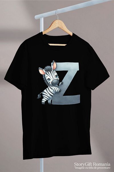 StoryGift Romania Women's T-shirt with a zebra with the letter "Z", illustration, for children, school, student, s BLK_M