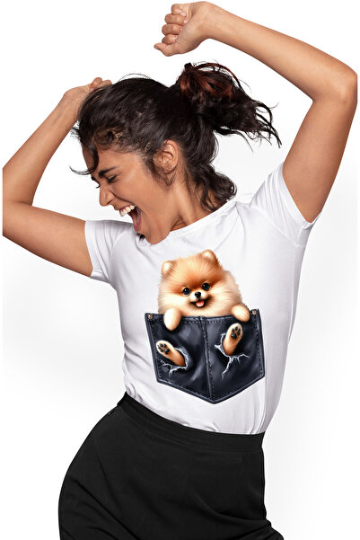 StoryGift Romania Tricou Femei cu un catelus blanos vesel, a rupt buzunarul, ...