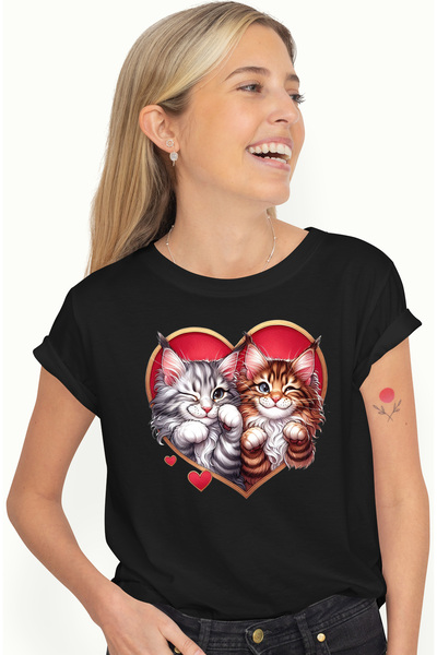 StoryGift Romania Tricou Femei cu 2 pisici fericite, ilustratie, vesele, inim...