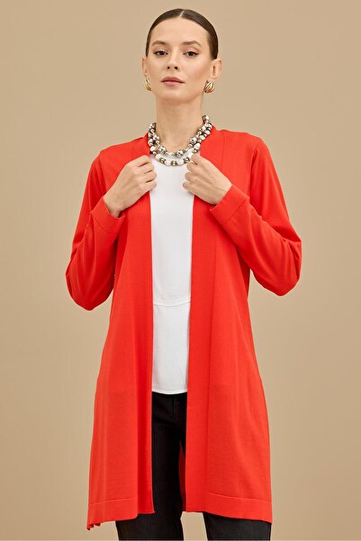 Tığ Triko Beli Kemerli Rayon Basic Hırka KIRMIZI