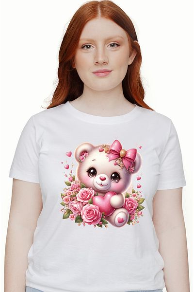 StoryGift Romania Tricou Femei cu o ursoaica de plus vesela, ilustratie, trandafiri, roz, flori, p WHT_XS
