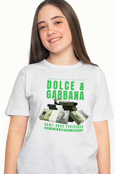 StoryGift Romania Tricou Femei Dolce & Gabbana - Banii Aduc Fericirea, cu imprimeu pe Fata, 100% WHT_L