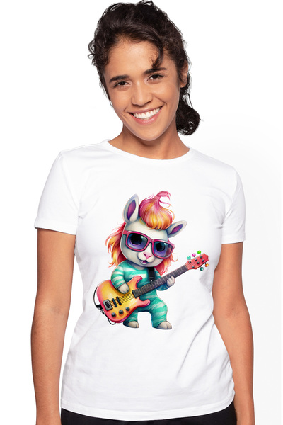 StoryGift Romania Tricou Femei cu un iepure rocker care canta la chitara, ilustratie, instrument m WHT_XS