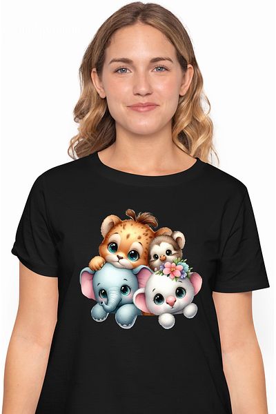 StoryGift Romania Women's T-shirt with animals, illustration, elephant, teddy bear, tiger, children, friendship BLK_XL