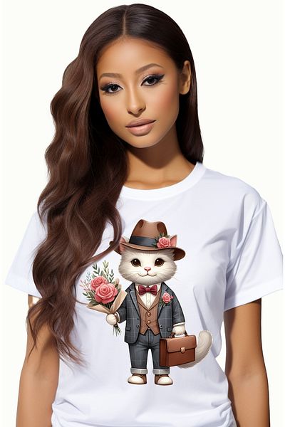 StoryGift Romania Tricou Femei cu un motan alb la costum care tine un buchet cu trandafiri si o se WHT_XS