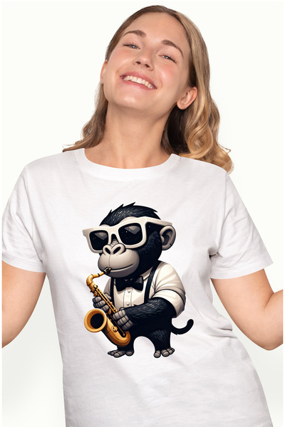 StoryGift Romania Tricou Femei cu un cimpanzeu care canta la saxofon, ilustra...