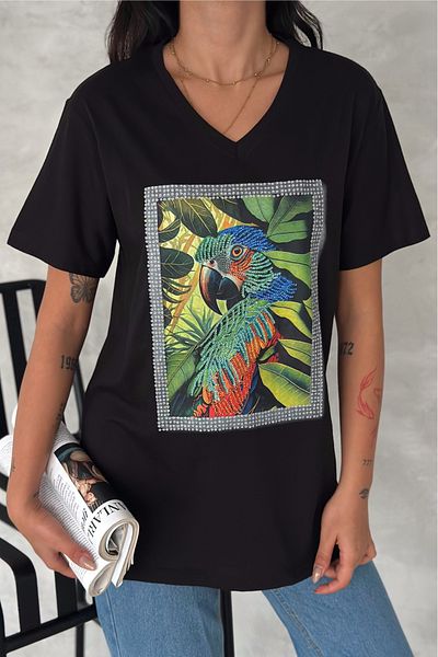 FEMELLE Tricou de damă, negru, cu decolteu în V, mărime mare, cu paiete papagal, brodat cu paiete, 100% bumbac