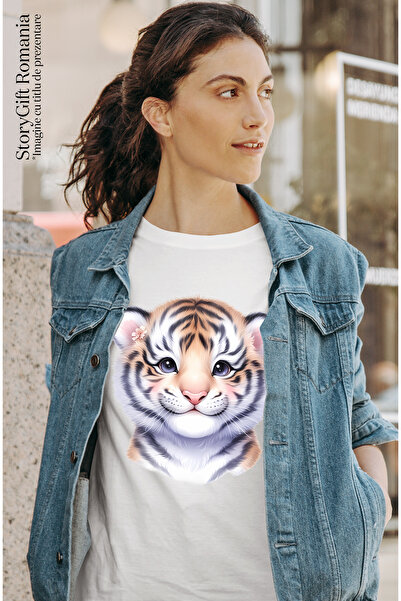 StoryGift Romania Tricou Femei cu un pui de tigru, ilustratie, natura, jungla, copilarie, grija, p WHT_L
