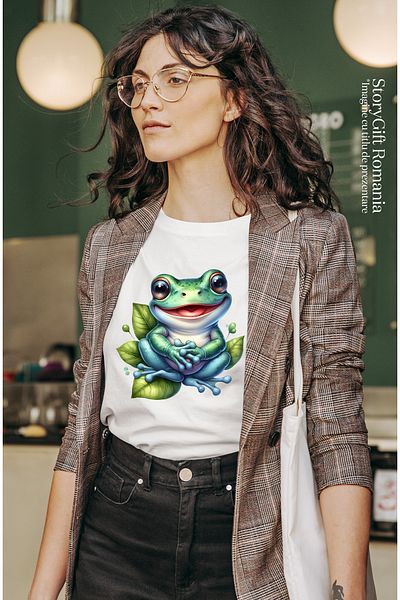 StoryGift Romania Women's T-shirt with a happy frog, illustration, leaves, water, lake, puddle, happiness, WHT_S