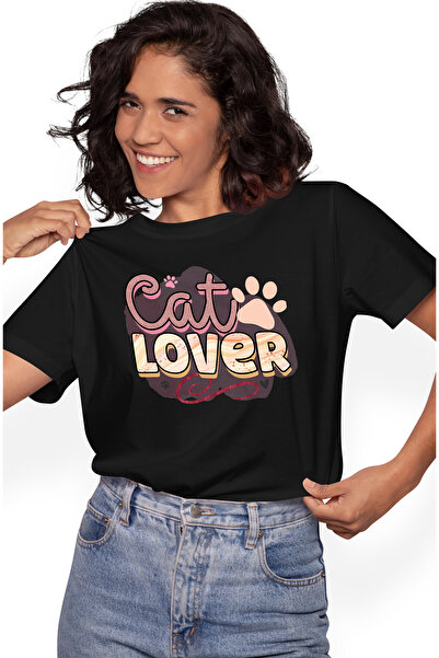 StoryGift Romania Tricou Femei cu mesajul "Cat lover", iubitor de pisici, ilustratie, labute, fund BLK_M