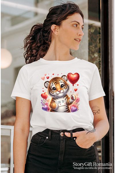 StoryGift Romania Women's T-shirt with tiger cubs with the message "I love you", many hearts, flowers div WHT_S