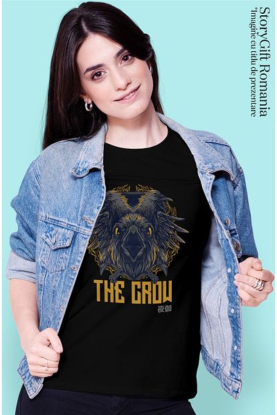 StoryGift Romania Tricou Femei Cu Corb In Zbor Portret Zoom, Text In Engleza The Crow, Text Chinez BLK_XS