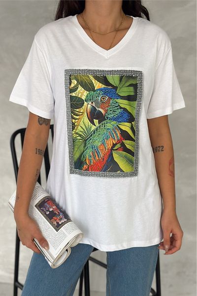 FEMELLE Women's White V-Neck Large Size Parrot Sequin Sequin Embroidered 100% Cotton Large Size T-Shirt