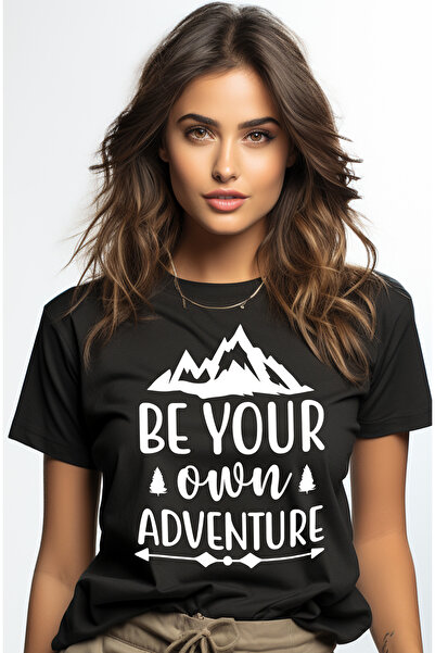 StoryGift Romania Tricou Femei cu ilustratie afisand munti si mesajul "Be your own adventure" - fi BLK_M
