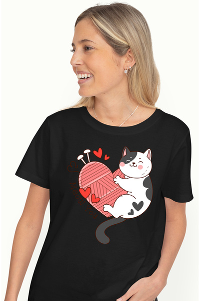 StoryGift Romania Tricou Femei cu pisica care se tine de un ghem in forma de inima cu mesajul "Meo BLK_L