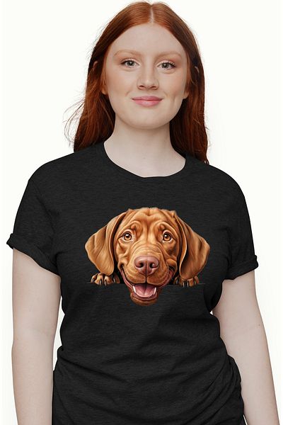 StoryGift Romania Tricou Femei cu un catel maro, ilustratie, zambet, vrea sa se joace sau sa se pl BLK_XL