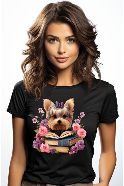 StoryGift Romania Tricou Femei cu o catelusa care tine o carte deschisa, ilus...